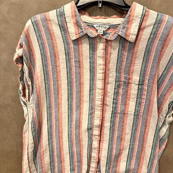 Orvis Linen Blend Shirt Womens Large Colorful Button Up Sleeveless Striped Top - Picture 5 of 11